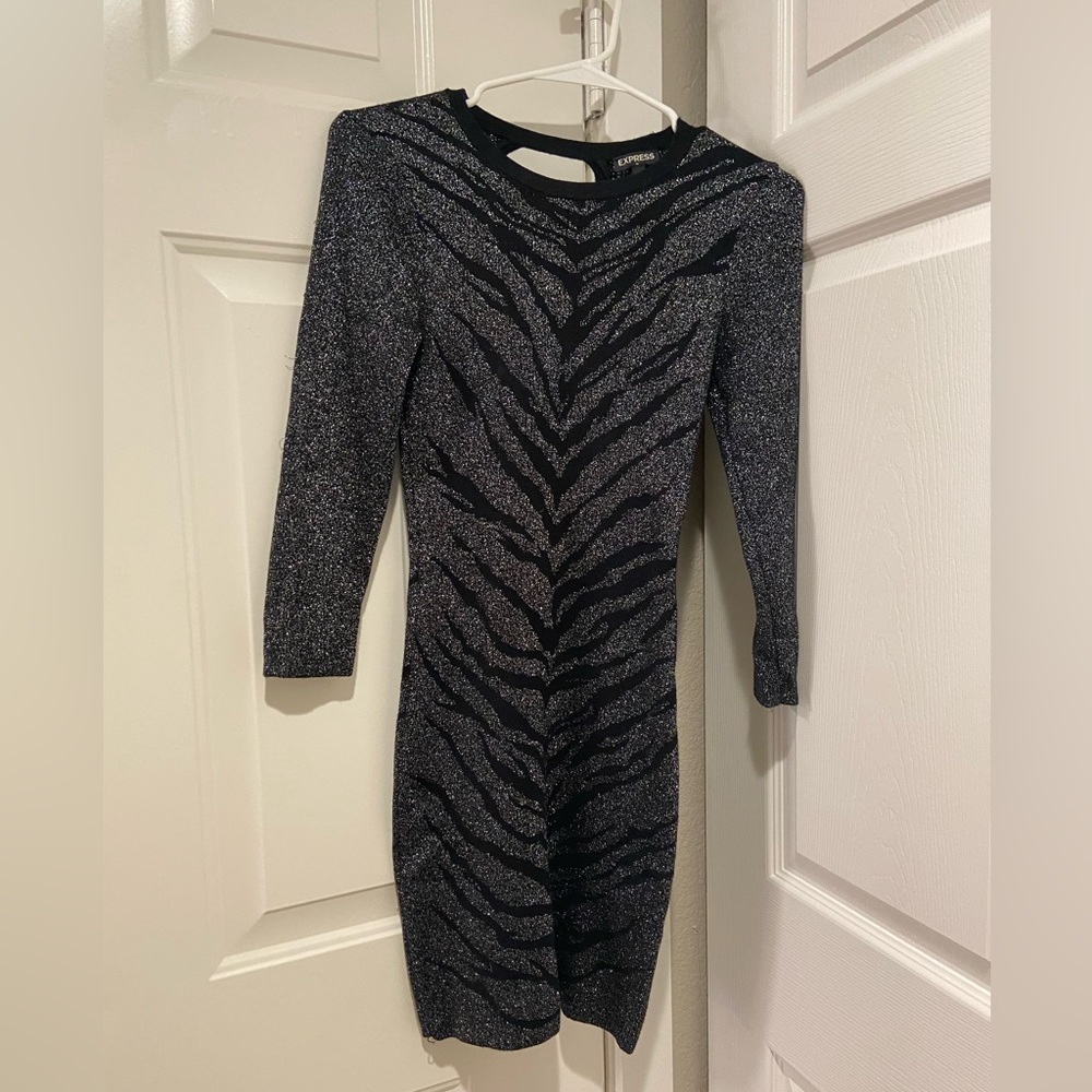 Express Black/ Silver Sparkle Zebra Bodycon Dress - Size XS